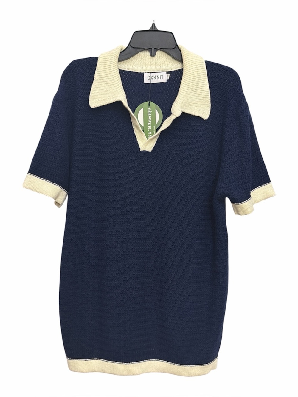 Oxknit Men’s 60S Navy Open Collar Polo Size XL Mod Knit Cream Trim NWT